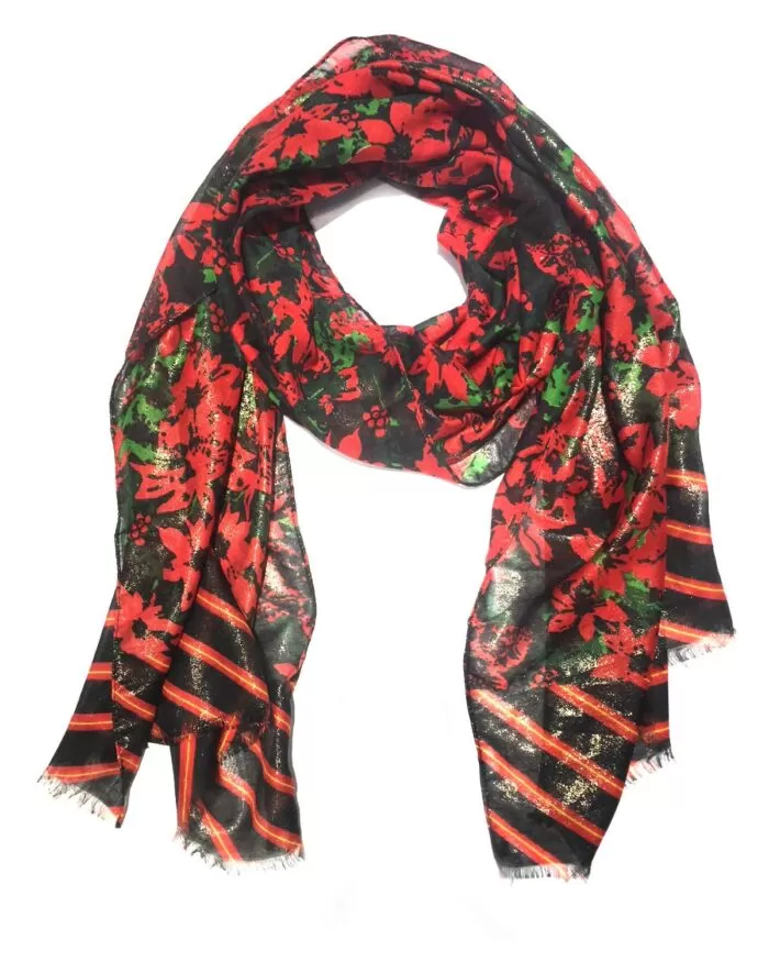 Cejon Women's Windswept Poinsetta and Stripes Scarf,