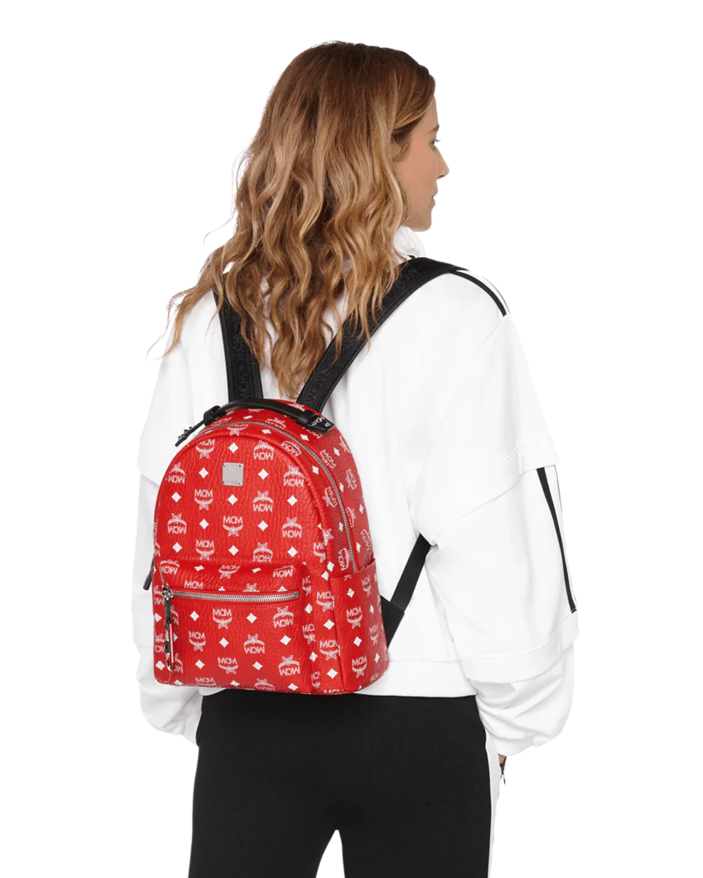 MCM Viva Red Stark Backpack W/white Logo Visetos 32