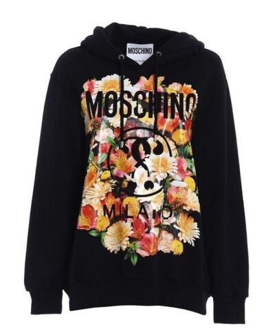 Moschino Cotton Hoodie With Floral Logo Motif Black