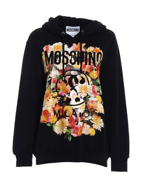 Moschino Cotton Hoodie With Floral Logo Motif Black