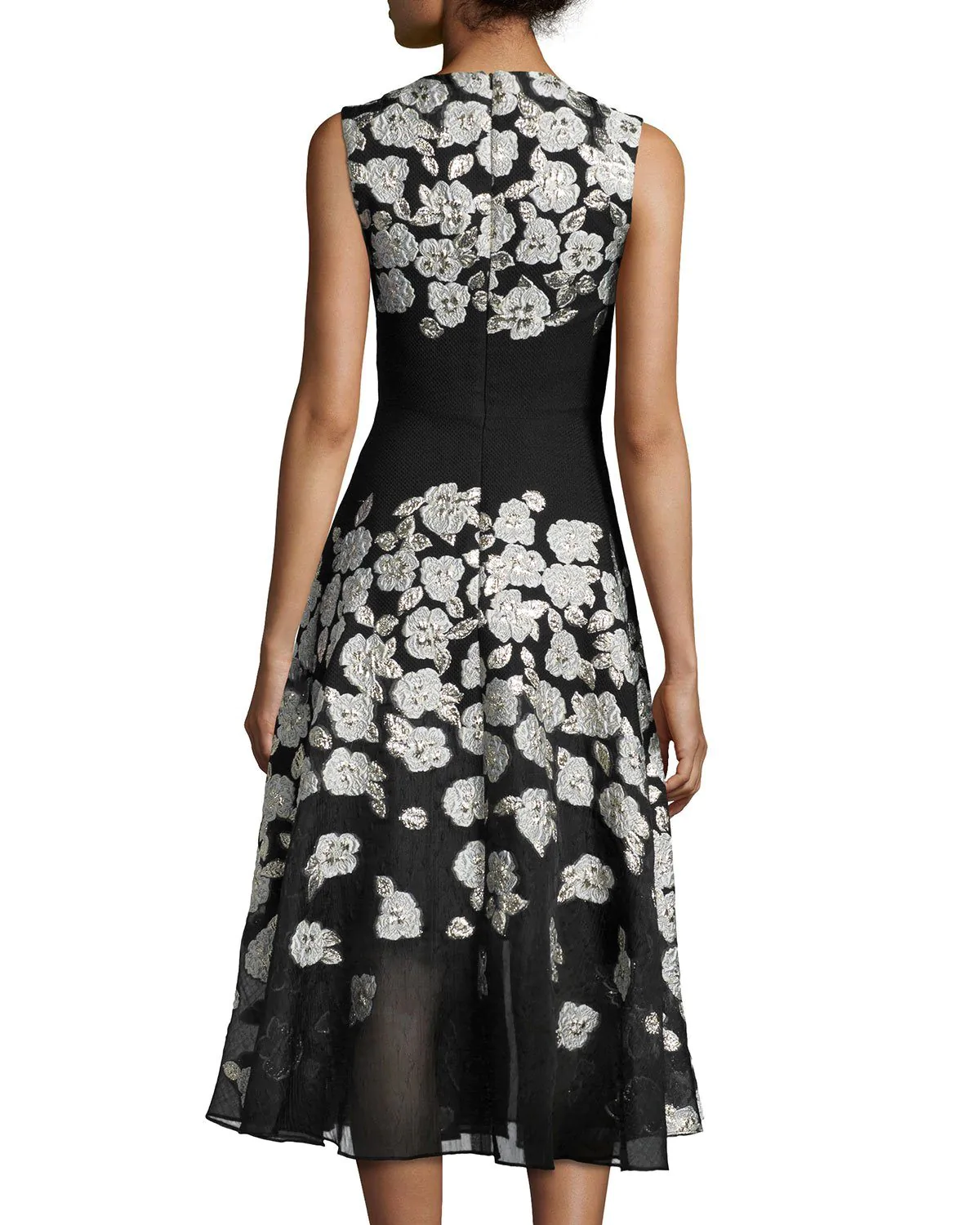 Lela Rose Sleeveless Stamped-Floral Dress, Black