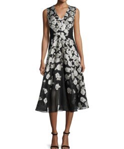 Lela Rose Sleeveless Stamped-Floral Dress, Black