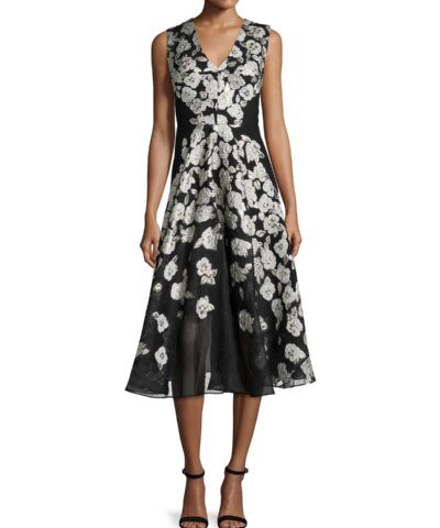 Lela Rose Sleeveless Stamped-Floral Dress, Black