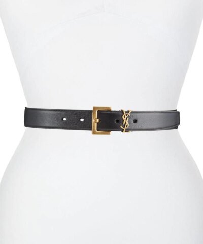 Saint Laurent Men's YSL Gold Logo Leather Belt