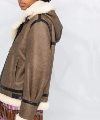 Chloé Brown Aviator Shearling-Trim Jacket