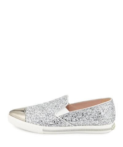 Miu Miu Glitter Cap-Toe Skate Sneaker, Argento