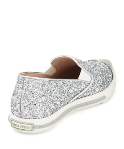 Miu Miu Glitter Cap-Toe Skate Sneaker, Argento