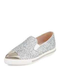 Miu Miu Glitter Cap-Toe Skate Sneaker, Argento