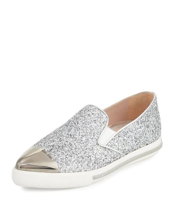Miu Miu Glitter Cap-Toe Skate Sneaker, Argento