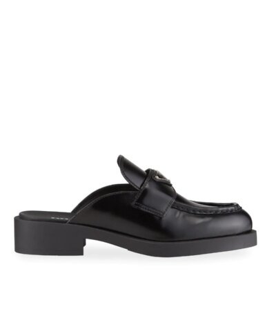 Prada Black Leather Logo Loafer Mules