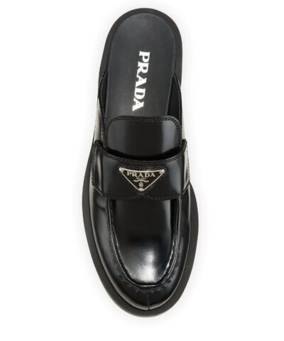 Prada Black Leather Logo Loafer Mules