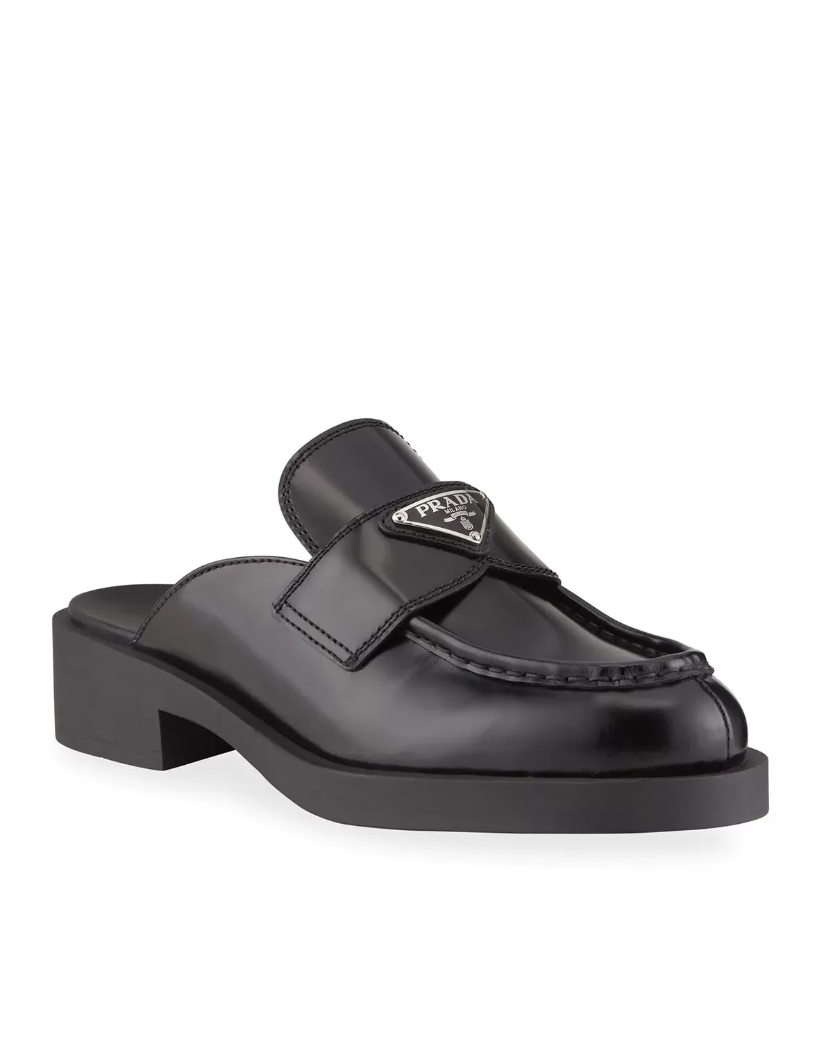 Prada Black Leather Logo Loafer Mules