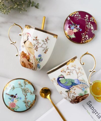 Royal Birds & Thread Floral Sketch Bone China Mug With Lids
