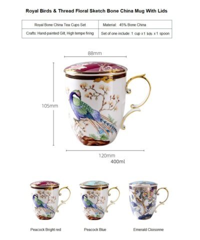 Royal Birds & Thread Floral Sketch Bone China Mug With Lids