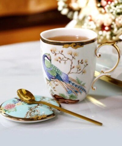 Royal Birds & Thread Floral Sketch Bone China Mug With Lids