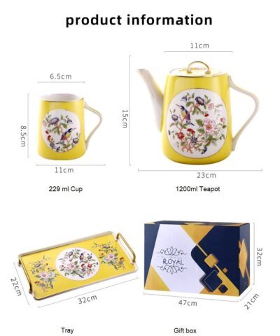Royal 8 Piece Chinoise Flower-Bird Golden Tea Set