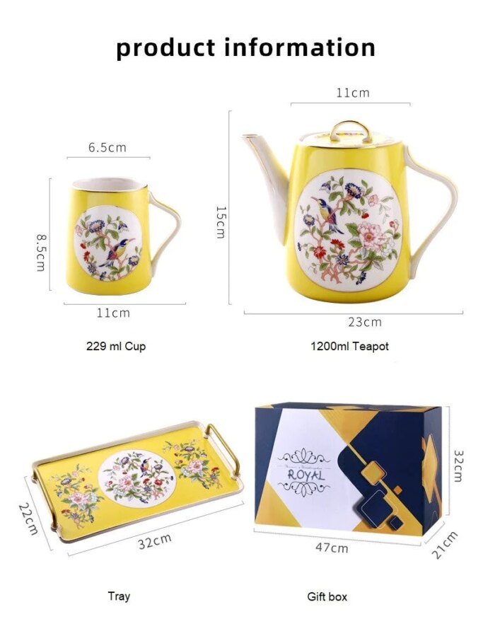 Royal 8 Piece Chinoise Flower-Bird Golden Tea Set