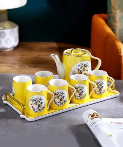 Royal 8 Piece Chinoise Flower-Bird Golden Tea Set