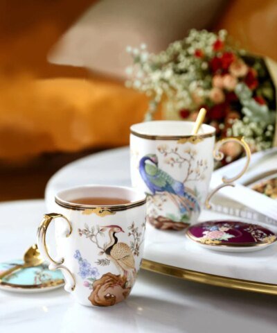 Royal Birds & Thread Floral Sketch Bone China Mug With Lids