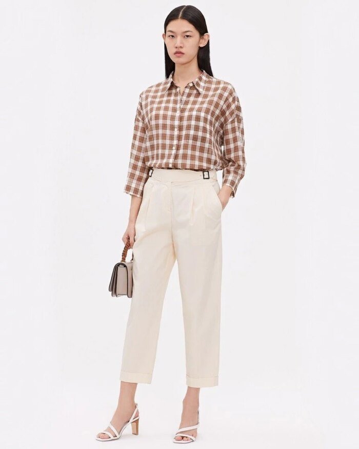 ICICLE Cotton Checked 3/4 Sleeve Drop-Shoulder Shirt