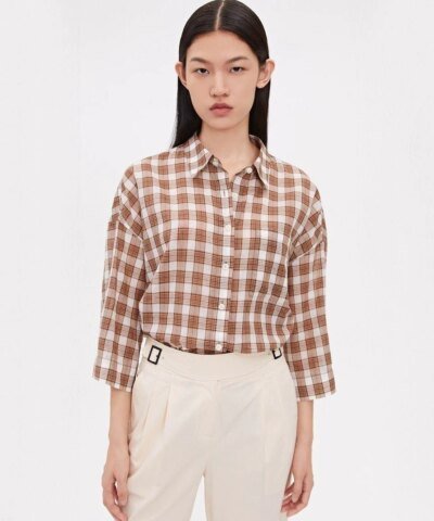 ICICLE Cotton Checked 3/4 Sleeve Drop-Shoulder Shirt
