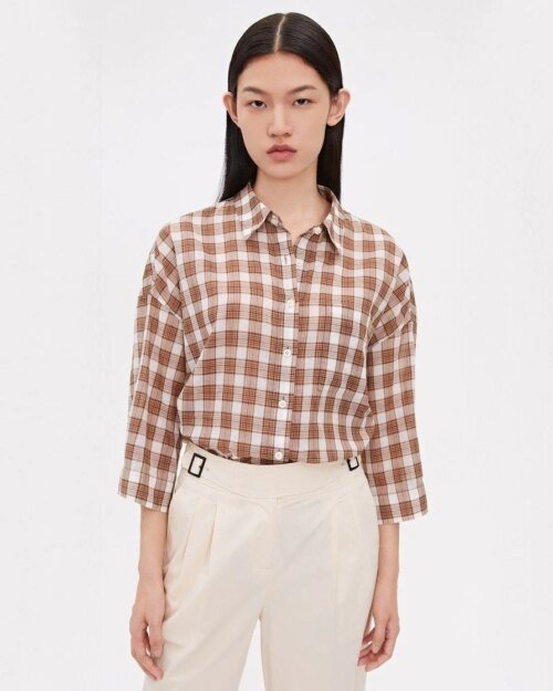 ICICLE Cotton Checked 3/4 Sleeve Drop-Shoulder Shirt