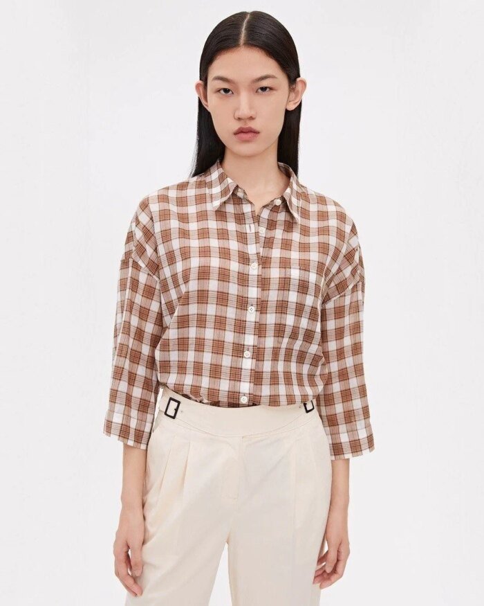 ICICLE Cotton Checked 3/4 Sleeve Drop-Shoulder Shirt