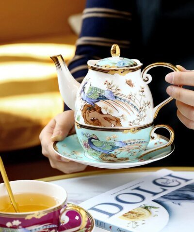 Royal Peacock Bone China Tea Cups Set