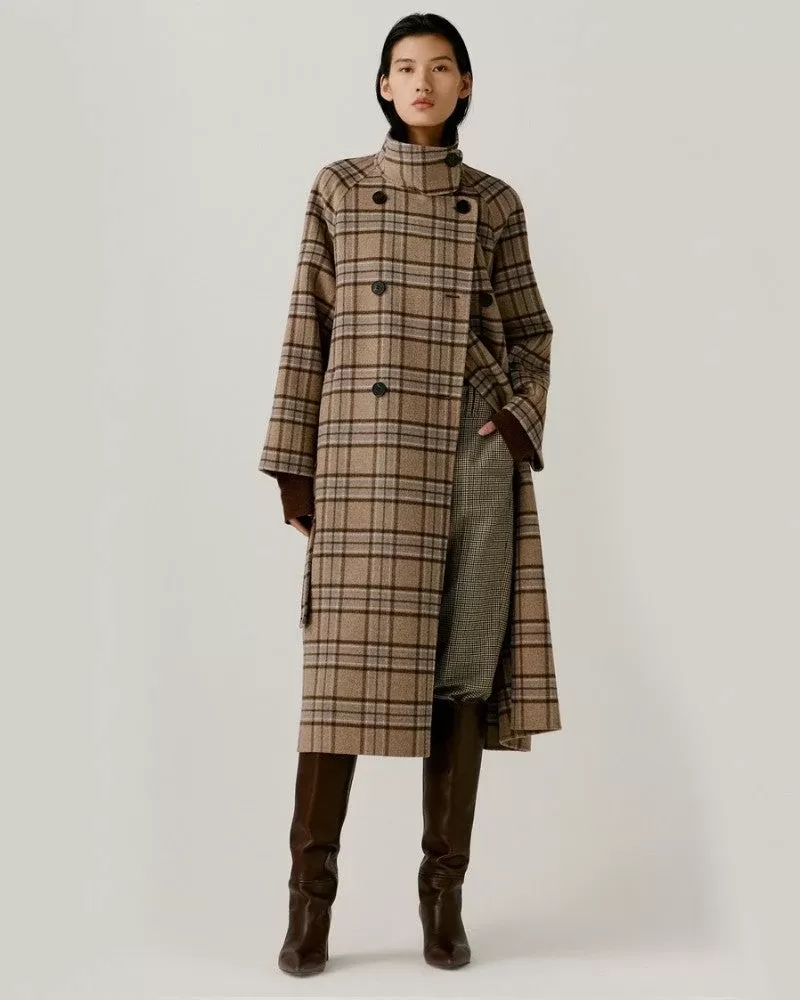 Noralux Women's Wool Plaid Double-Sided Belted Coat