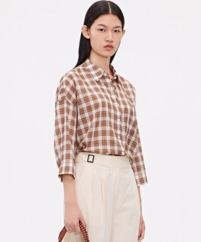 ICICLE Cotton Checked 3/4 Sleeve Drop-Shoulder Shirt