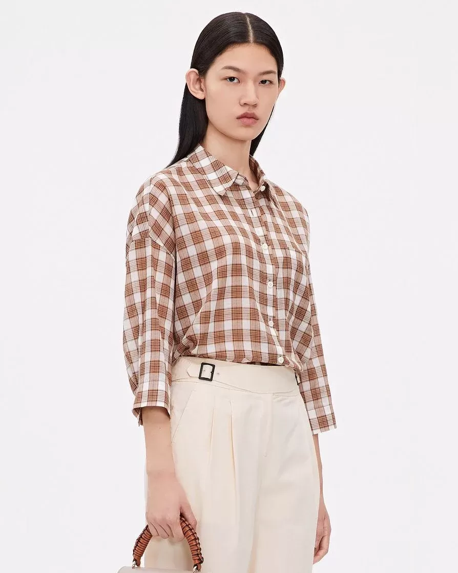 ICICLE Cotton Checked 3/4 Sleeve Drop-Shoulder Shirt