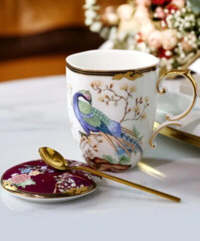 Royal Birds & Thread Floral Sketch Bone China Mug With Lids