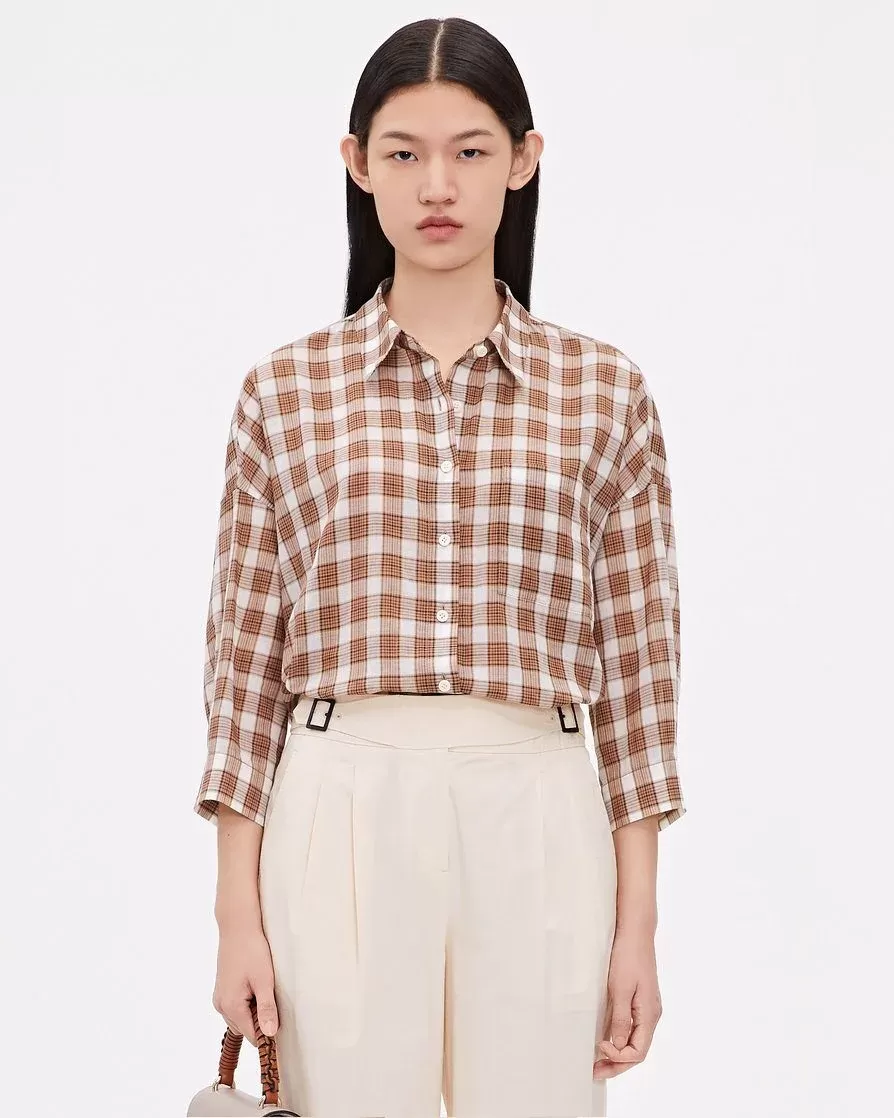 ICICLE Cotton Checked 3/4 Sleeve Drop-Shoulder Shirt