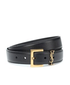 Saint Laurent Men's YSL Gold Logo Leather Belt