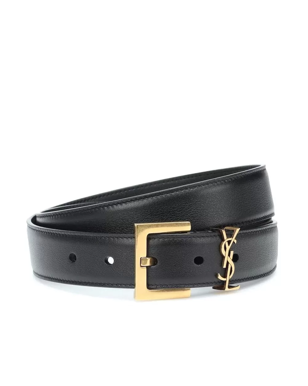 Saint Laurent Men's YSL Gold Logo Leather Belt