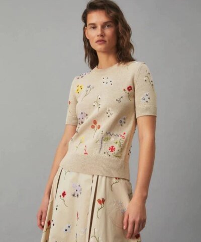 Tory Burch Floral Embroidered Short-Sleeve Pullover