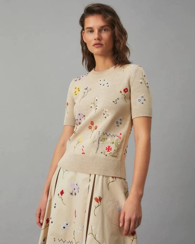 Tory Burch Floral Embroidered Short-Sleeve Pullover