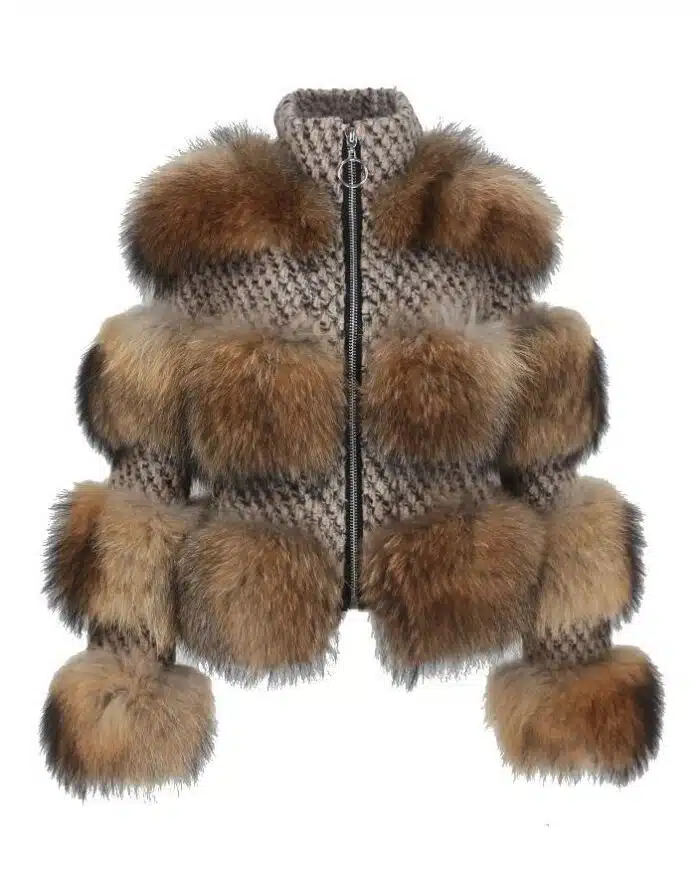 Simplee Limited Edition Natural Raccoon Fur Woolen Coat