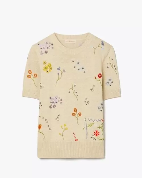 Tory Burch Floral Embroidered Short-Sleeve Pullover