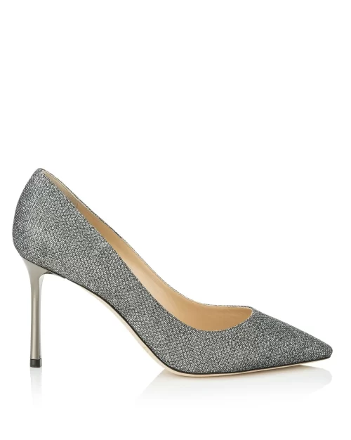 Jimmy Choo ROMY 85 Anthracite Lamé Glitter Pointy Toe Pumps