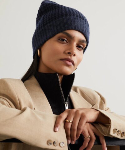 Madeleine Thompson Holby Waffle-Knit Cashmere Beanie, Navy
