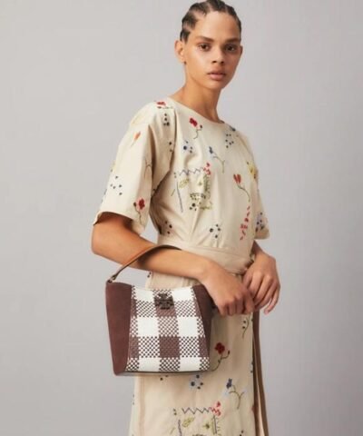 Tory Burch Mcgraw Woven Plaid Small Bucket Bag