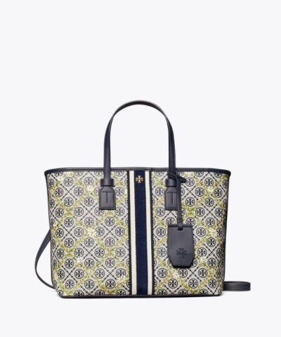 Tory Burch T Monogram Floral Vine Small Top-Zip Tote Bag In Navy