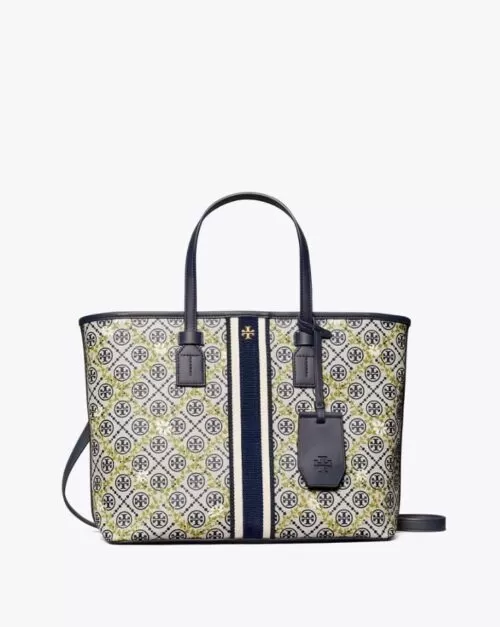 Tory Burch T Monogram Floral Vine Small Top-Zip Tote Bag In Navy