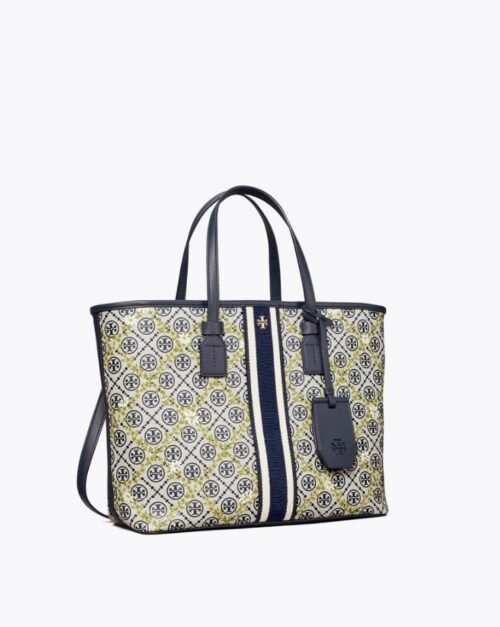 Tory Burch T Monogram Floral Vine Small Top-Zip Tote Bag In Navy