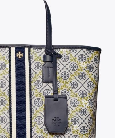 Tory Burch T Monogram Floral Vine Small Top-Zip Tote Bag In Navy