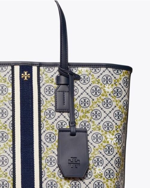 Tory Burch T Monogram Floral Vine Small Top-Zip Tote Bag In Navy