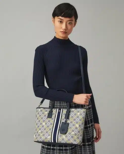 Tory Burch T Monogram Floral Vine Small Top-Zip Tote Bag In Navy