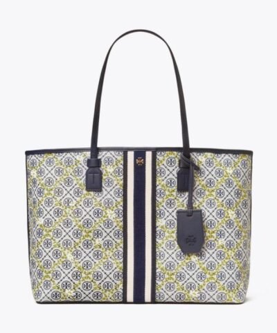 Tory Burch T Monogram Floral Vine Top-Zip Tote Bag In Navy