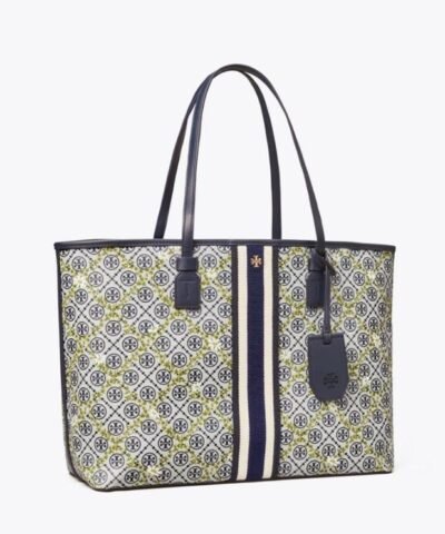 Tory Burch T Monogram Floral Vine Top-Zip Tote Bag In Navy